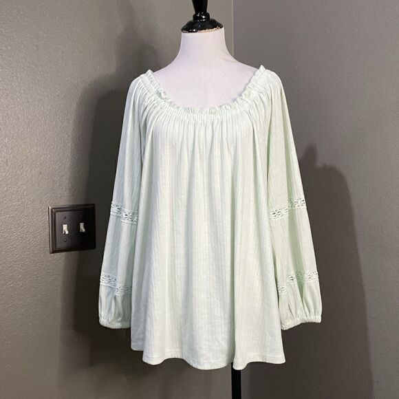 Lane Bryant Mint Green Off Shoulder Tunic Blouson-Sleeve Ribbed Knit Top - Picture 13 of 13